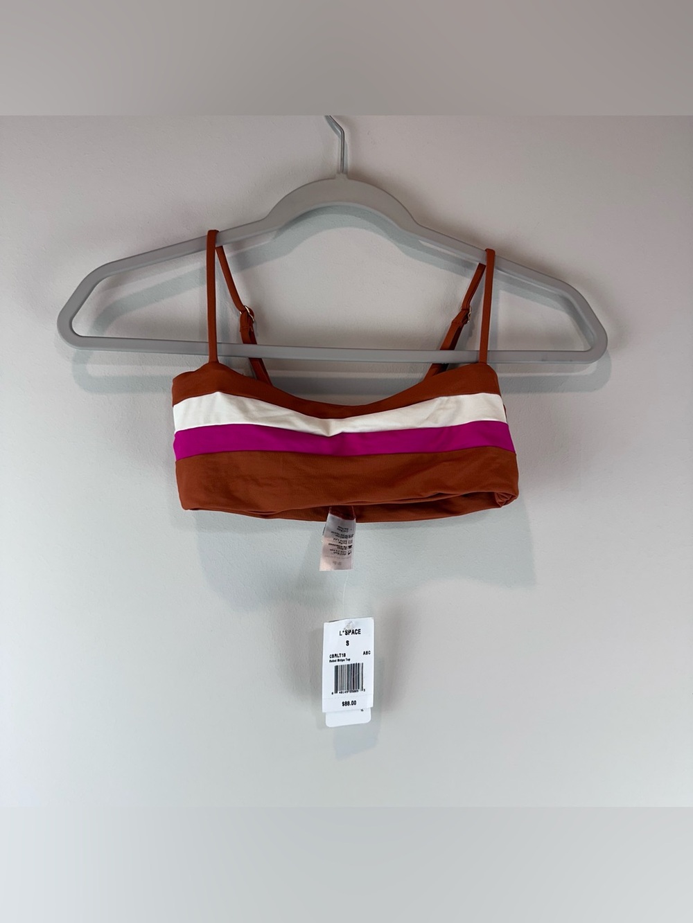 NEW L*Space Brown Pink White Vacation Beach Rebel Stripe Bikini Swim Top Small